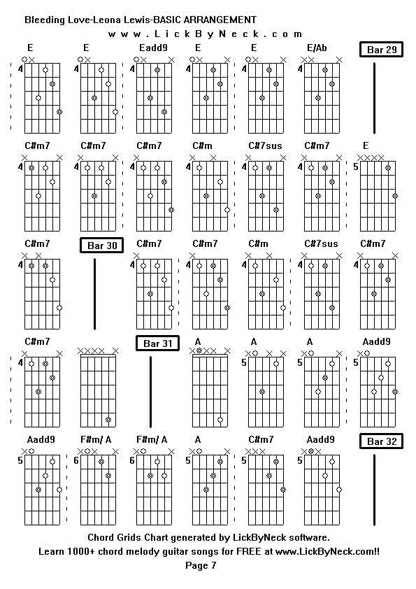 Chord Grids Chart of chord melody fingerstyle guitar song-Bleeding Love-Leona Lewis-BASIC ARRANGEMENT,generated by LickByNeck software.